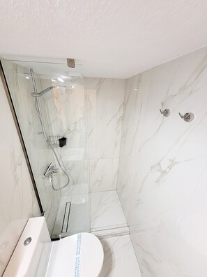 Shower, hair dryer, towels, toilet paper