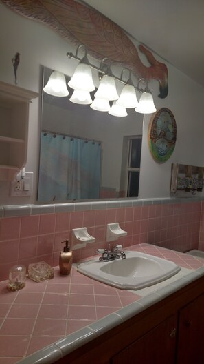 Duschwanne, Handtücher, Seife, Toilettenpapier