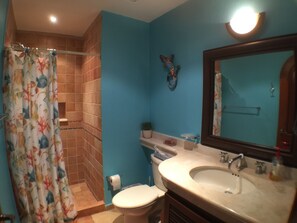 Combined shower/tub, hair dryer, towels, soap - Quinta Del Sol, 3 Bedroom Beachfront Condo In Puerto Aventuras, Riviera Maya (puerto aventuras)