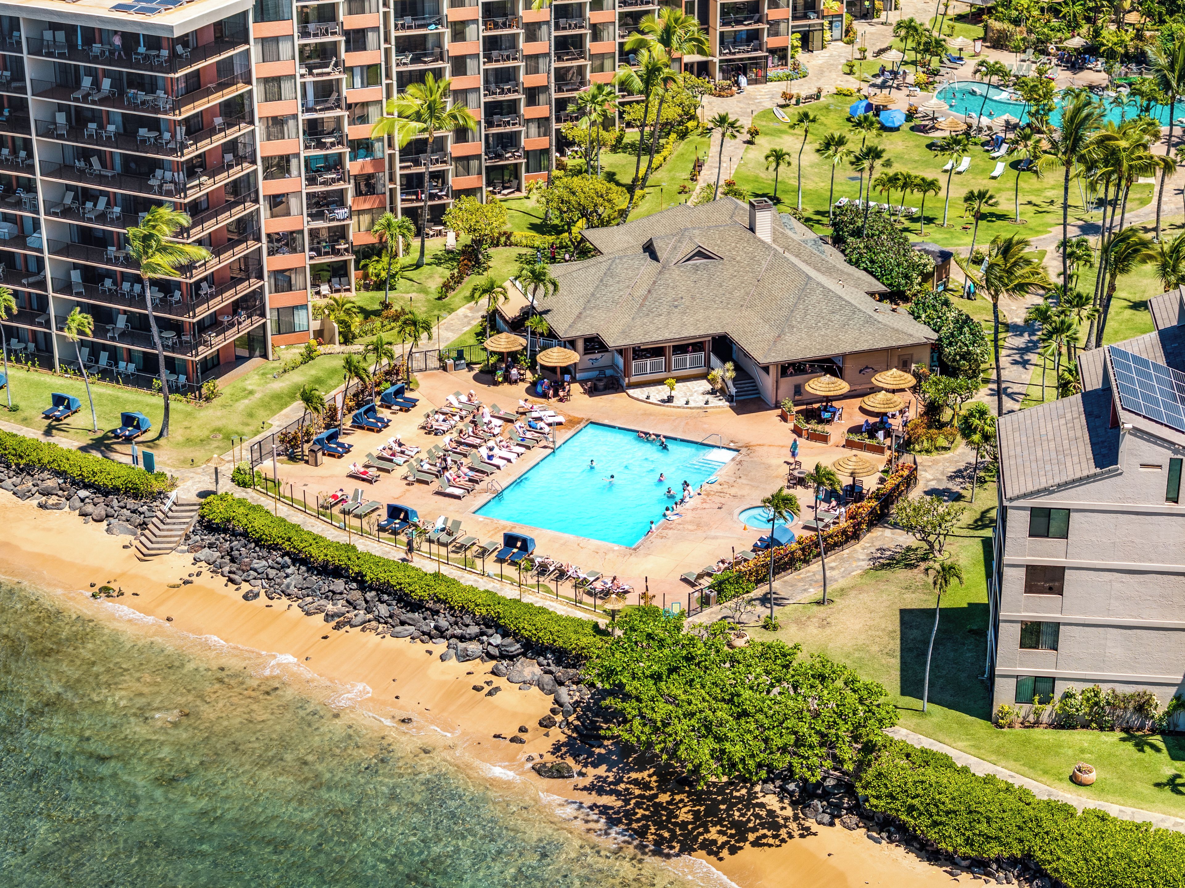 A resort with a swimming pool, beach, and multiple buildings.