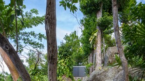 A stone staircase surrounded by lush greenery and trees, leading to a structure at the top. - Stylish, Secluded Villa with Pool, Hot tub and Stunning Views (Mount Healthy)