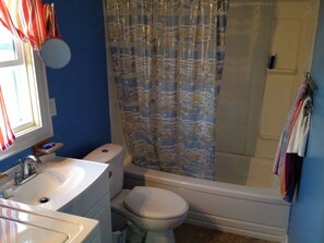 Combined shower/tub, hair dryer, towels, soap