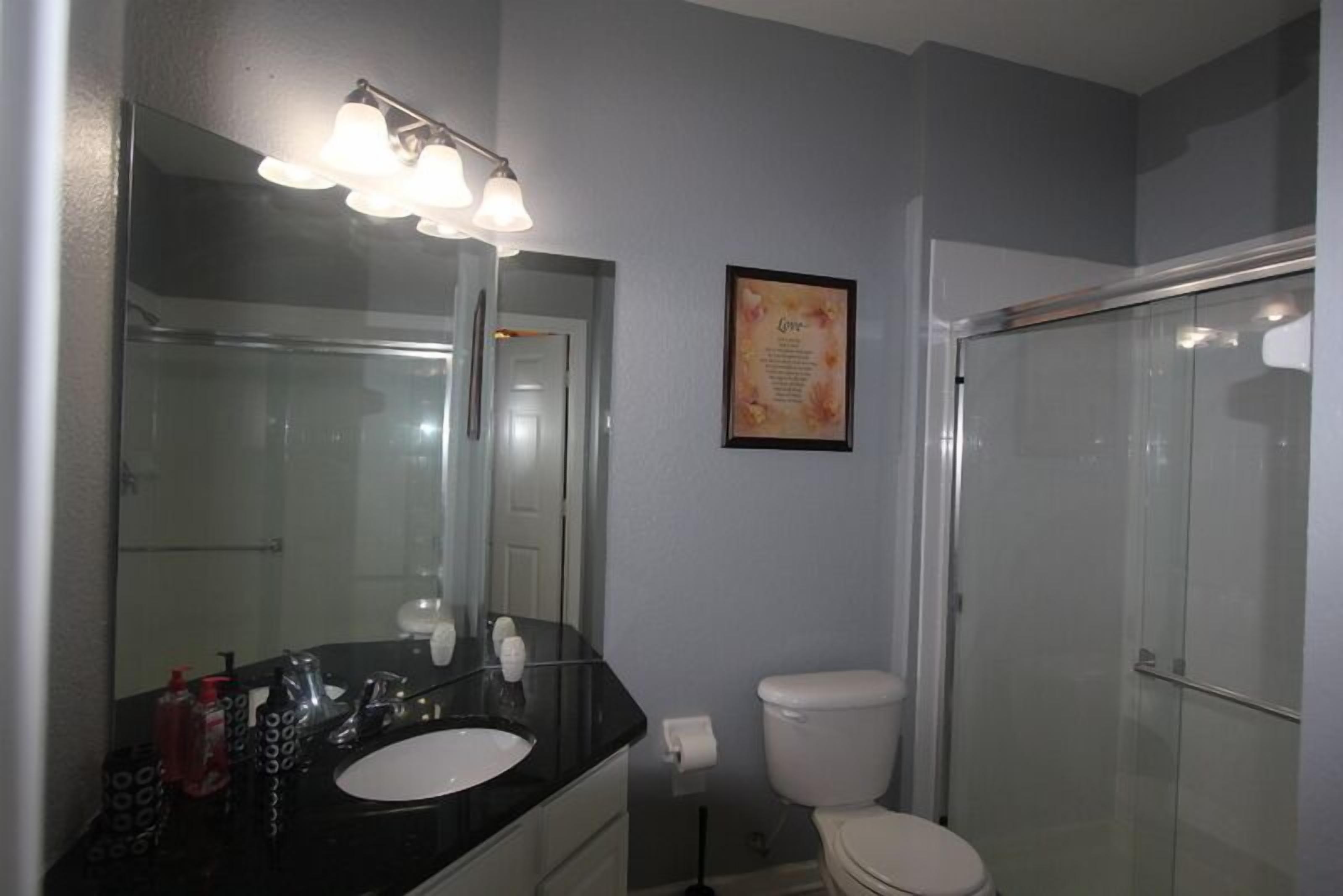 Une salle de bain avec un lavabo noir, des toilettes blanches et une douche à parois de verre.