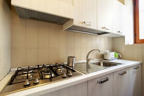 Une cuisine équipée d’une cuisinière à gaz, d’un évier et d’un grille-pain.