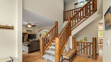 Smart TV, fireplace, DVD player, books