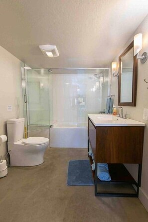 Combined shower/bathtub, hair dryer, towels, soap