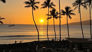 Vista al atardecer con palmeras y una playa.