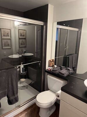 Combined shower/tub, hair dryer, towels, soap - Beautiful Downtown Executive Suite (Edmonton)