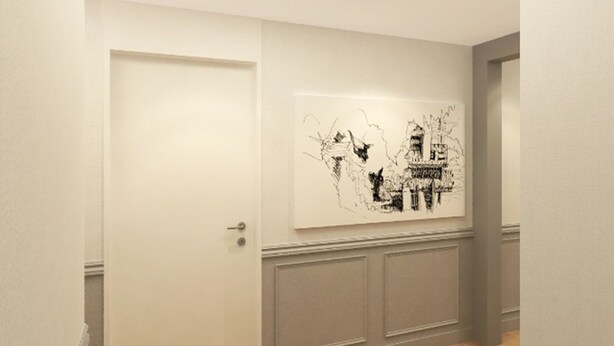 A hallway with a wooden floor, a white door, and a wall-mounted artwork depicting a building. - Heima Guesthouse Hongdae (Seoul)