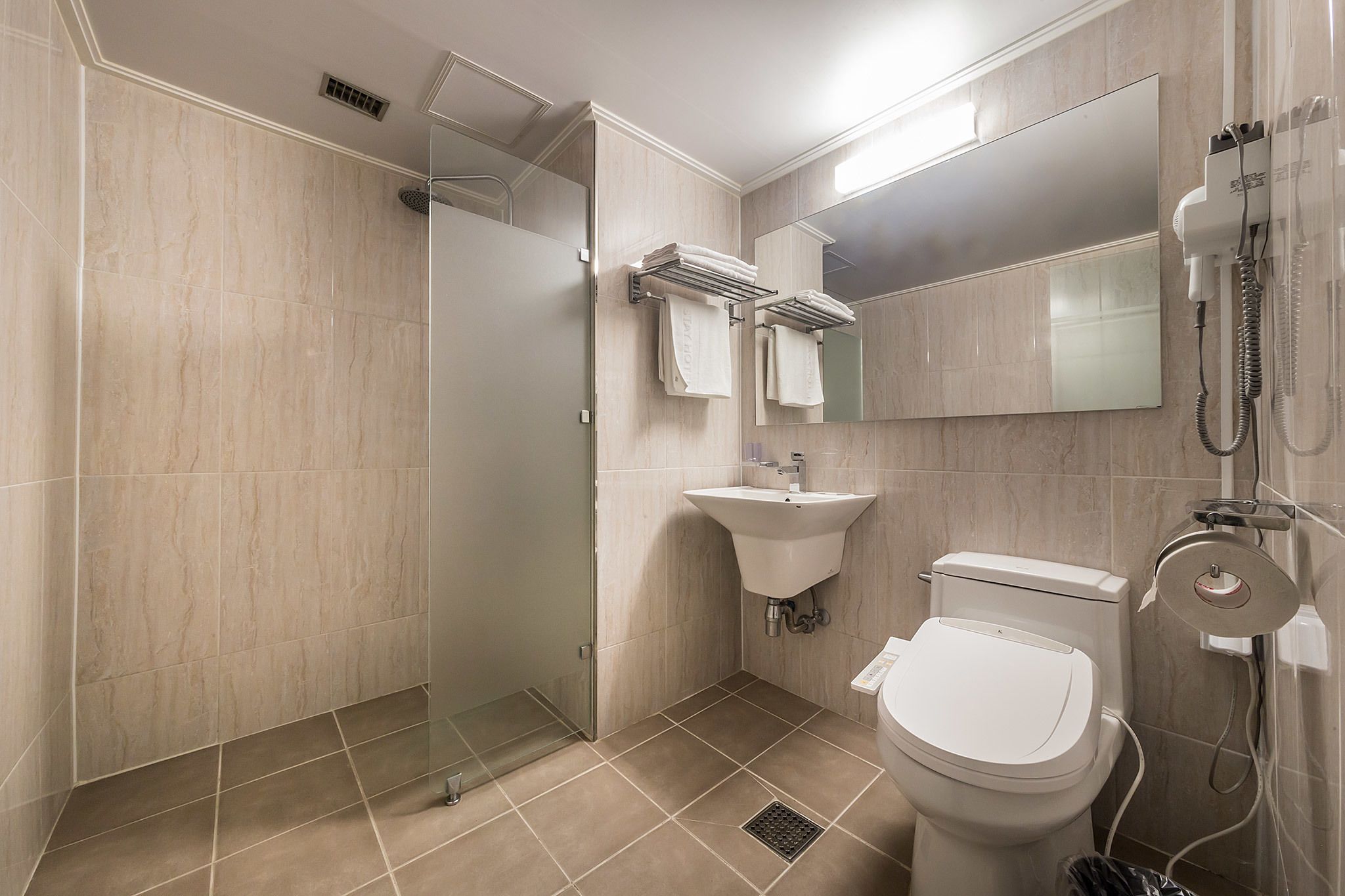 A modern bathroom with a glass shower enclosure, a sink, a toilet, and a mirror.