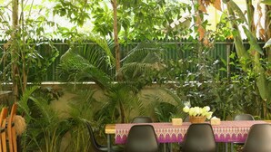 An outdoor dining area with a table set for two, surrounded by lush tropical plants and a wooden fence. - Enkosa Modern Villa (Siem Reap)