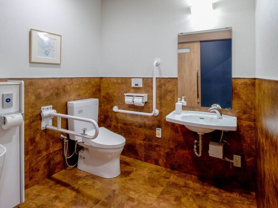 Bagno con WC, lavandino e mancorrenti.