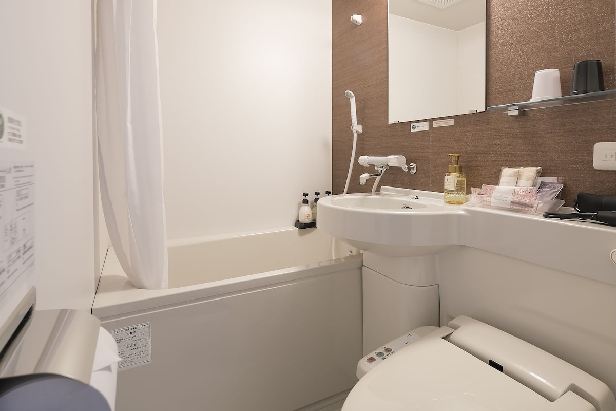 combined shower/bathtub, free toiletries, hair dryer, slippers