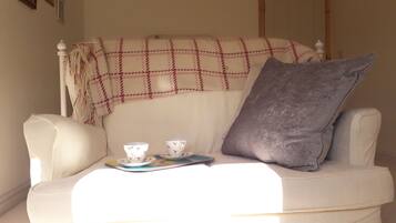 A white armchair with a plaid blanket and a pillow, a tray with two cups and a saucer, and a small book.
