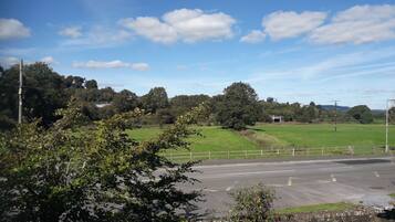A parking lot with a grassy field and trees in the background.