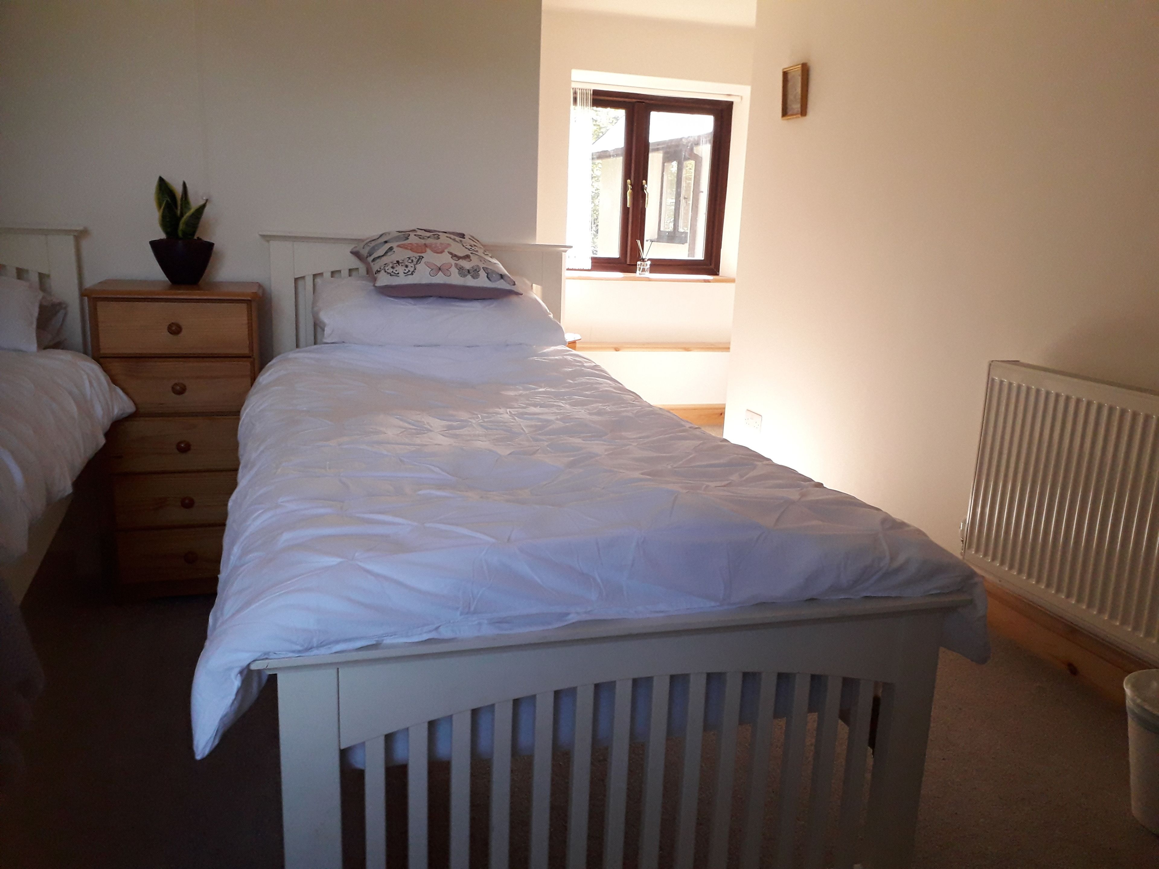 Une chambre avec un lit simple, une table de chevet ornée d’une plante, une commode et une fenêtre donnant sur l’extérieur.