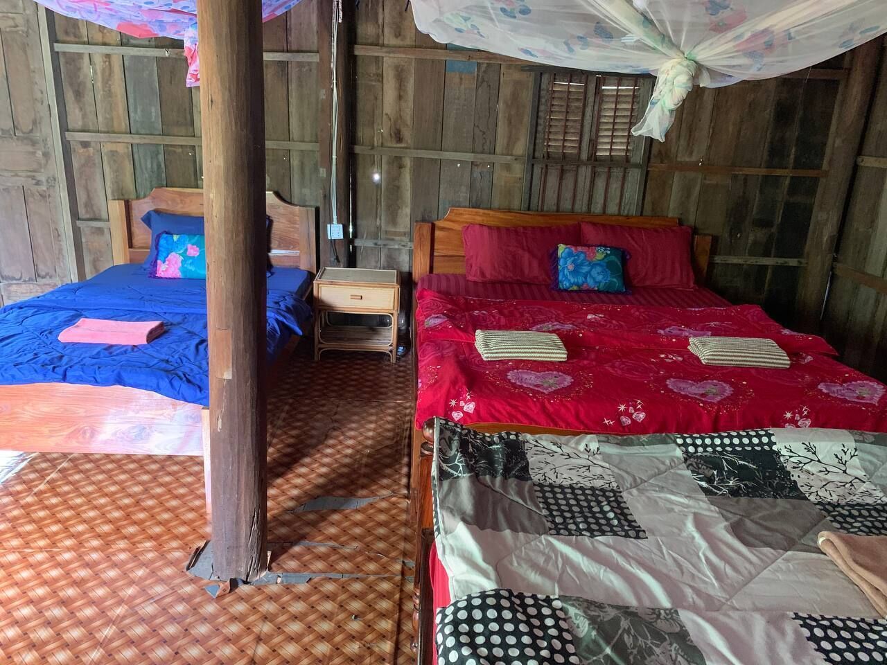 A rustic wooden room with two beds, each with a different patterned bedspread.
