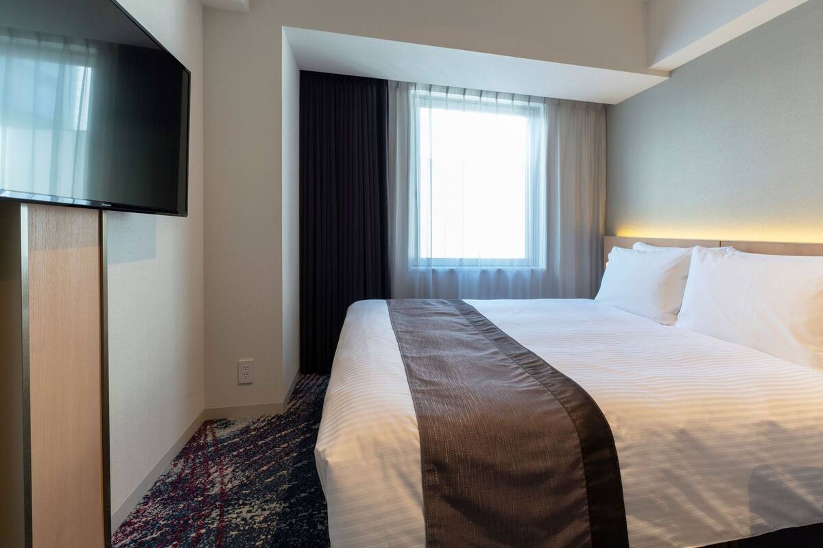 Une chambre d’hôtel équipée d’un lit, d’un téléviseur à écran plat, d’une fenêtre avec des rideaux et d’un sol recouvert de moquette.