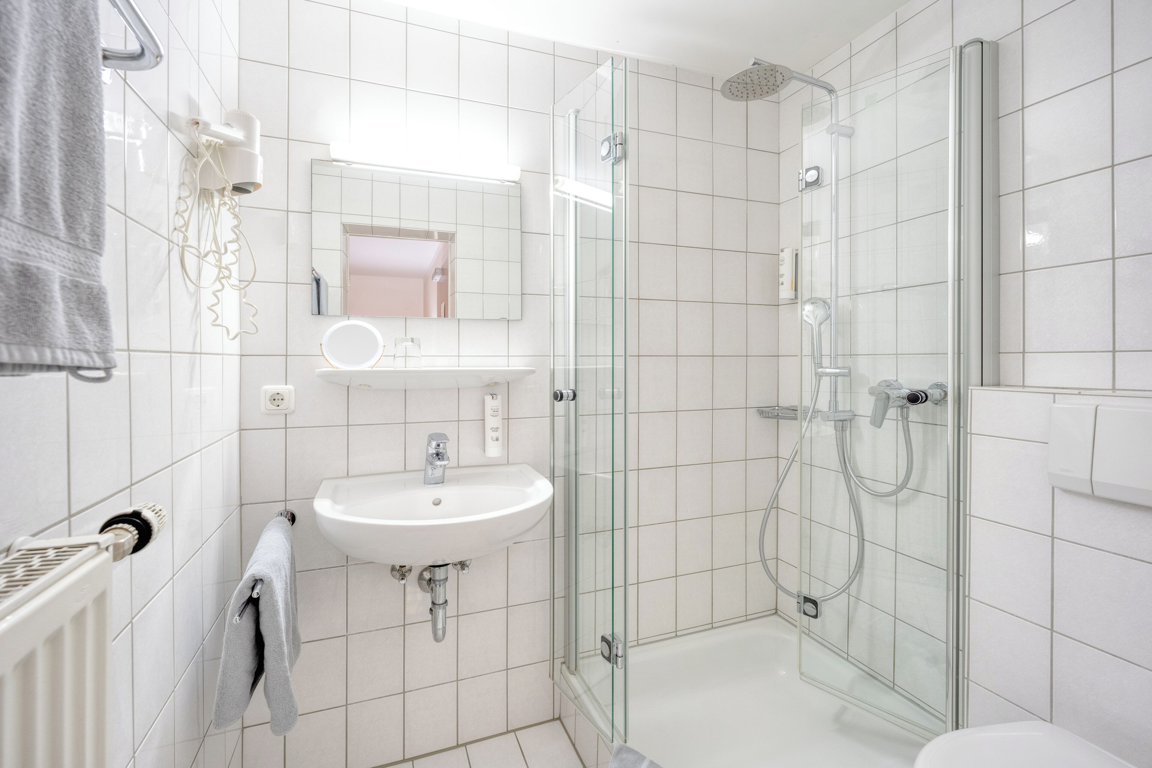 Ein modernes Badezimmer mit einer gläsernen Duschkabine, einem weißen Waschbecken und einem Spiegel darüber.