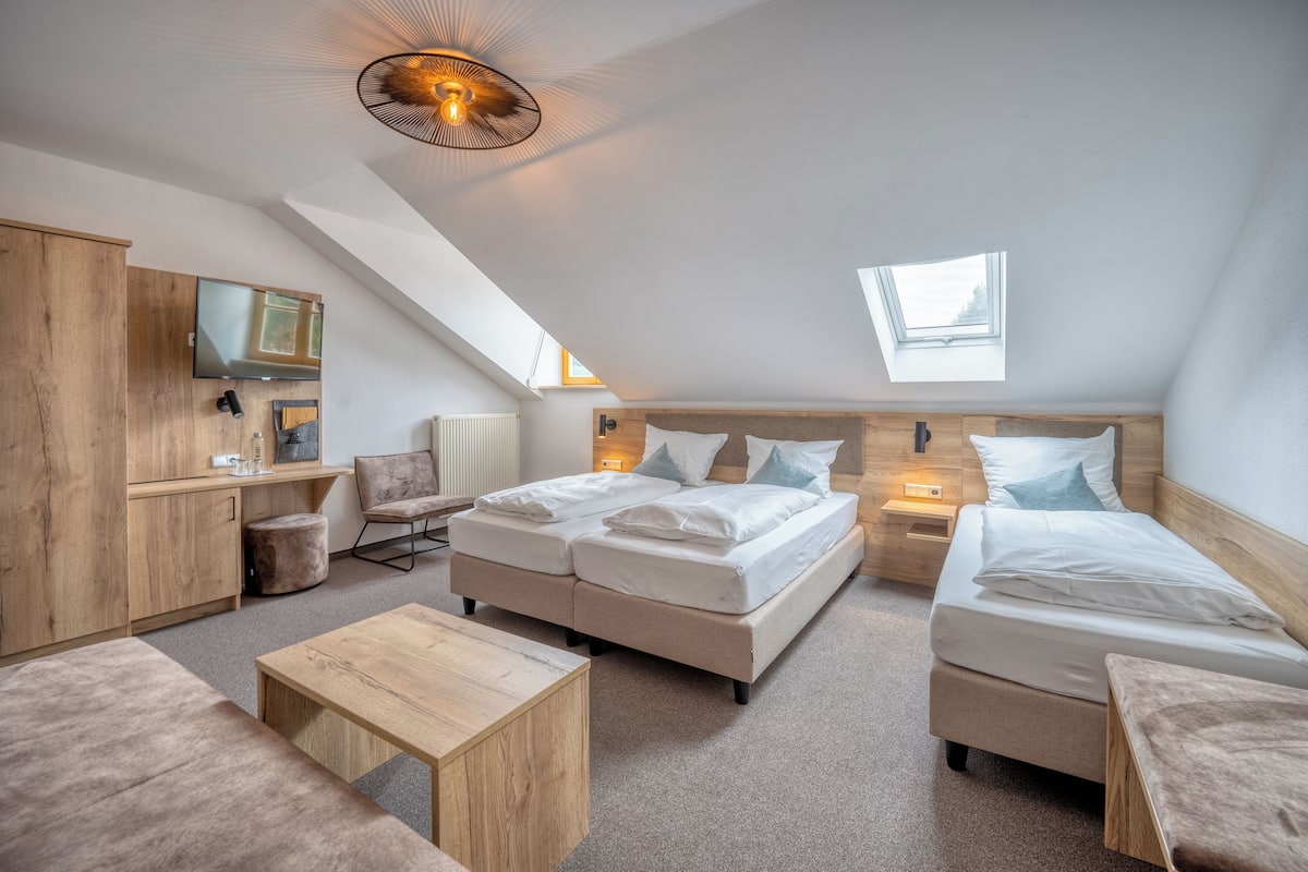 A modern, well-lit bedroom with two beds, a desk, and a large window.