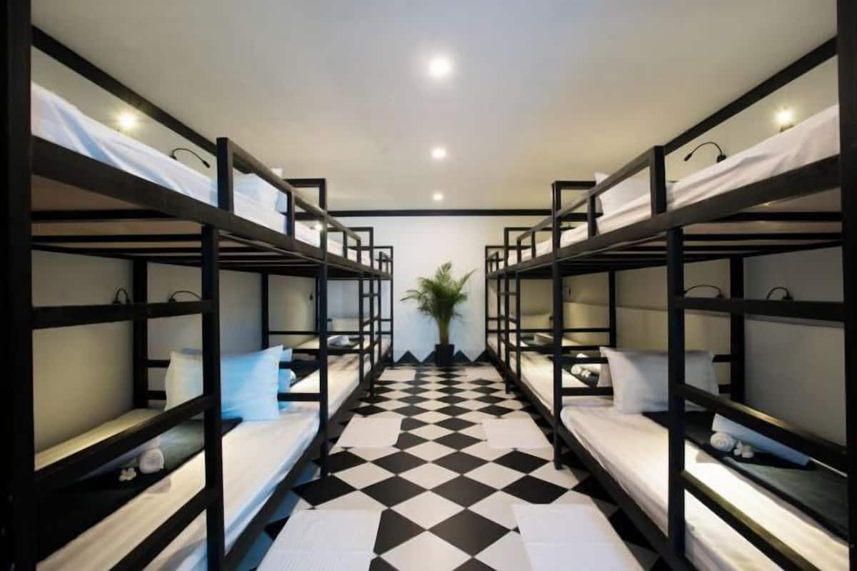 A room with bunk beds arranged in two rows, a checkered floor, and a potted plant in the center.