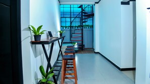 Ein moderner Flur mit Treppe, Blumentöpfen und minimalistischem Design.