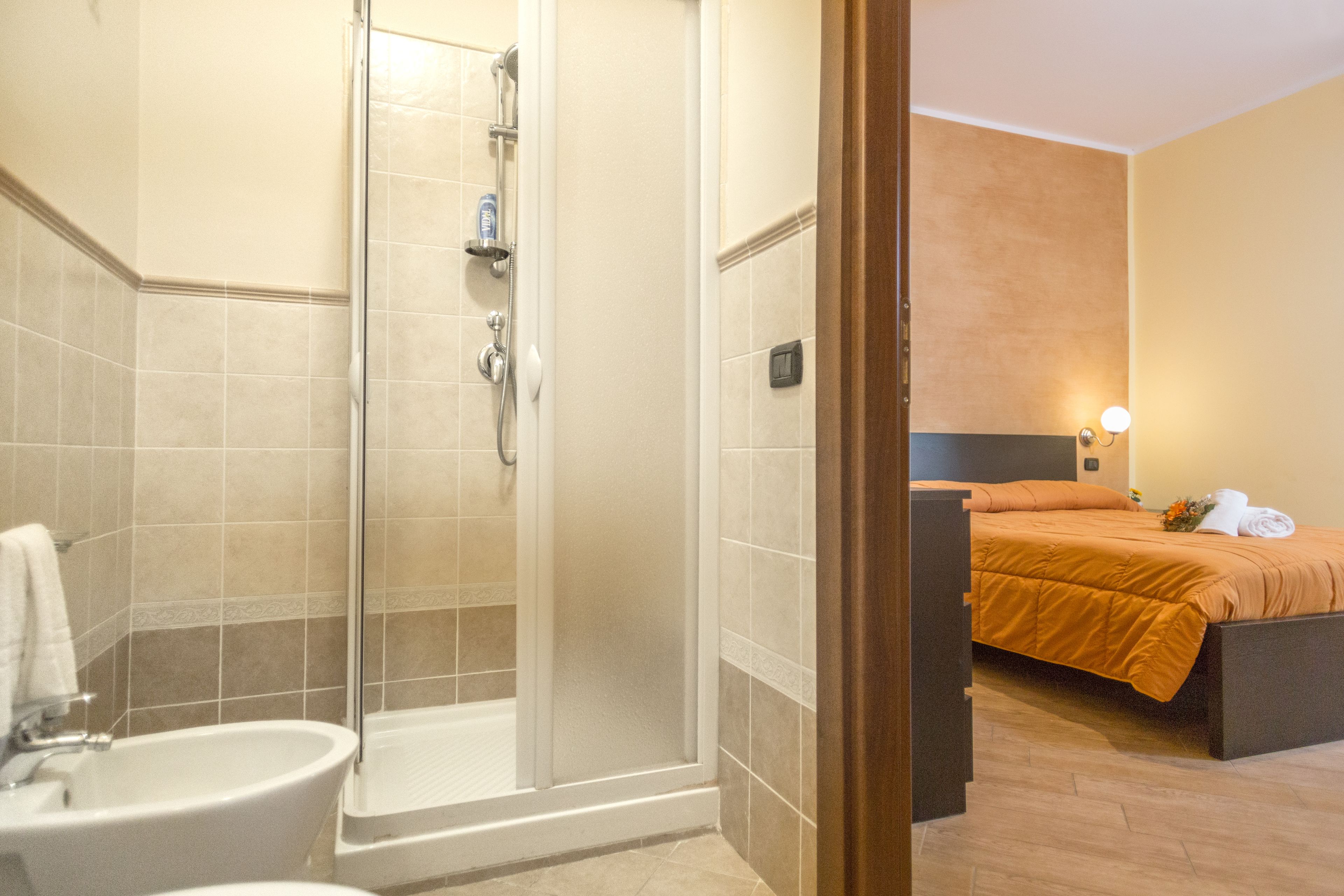 Una habitación de hotel con ducha, cama y baño.