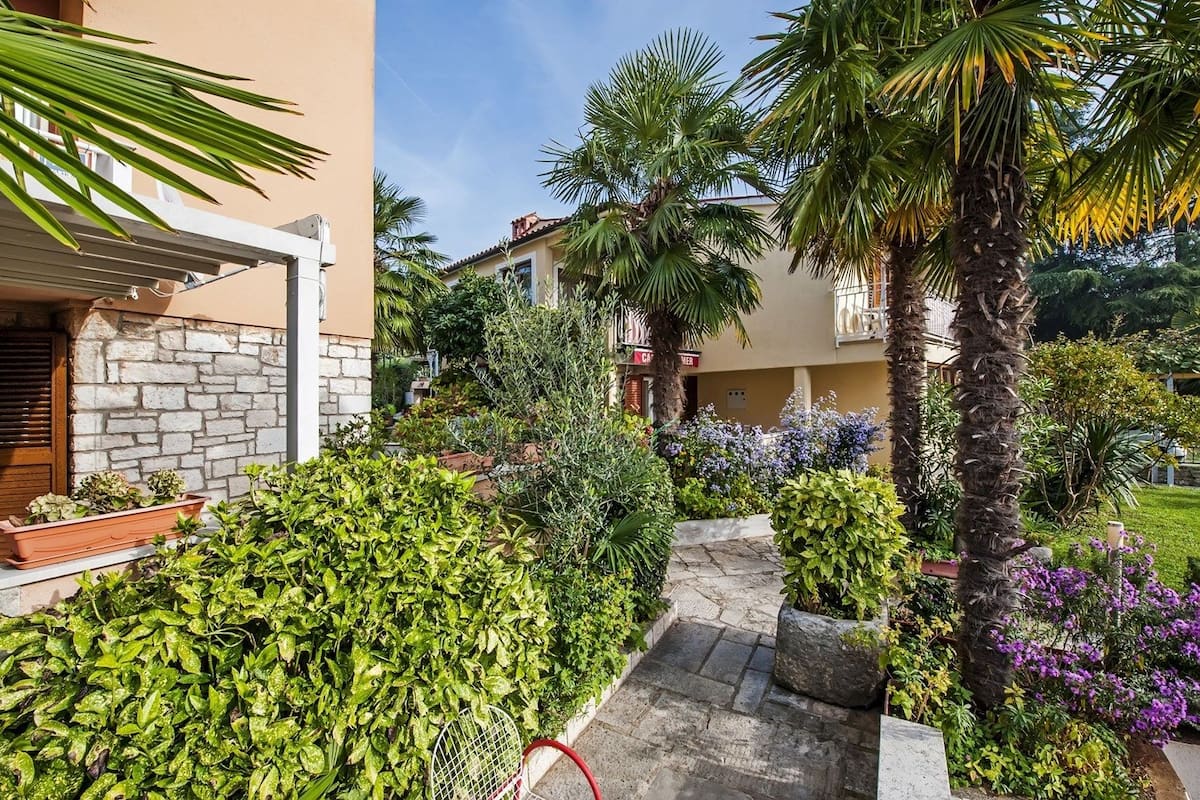 A residential area with a stone pathway, lush greenery, and a variety of plants.