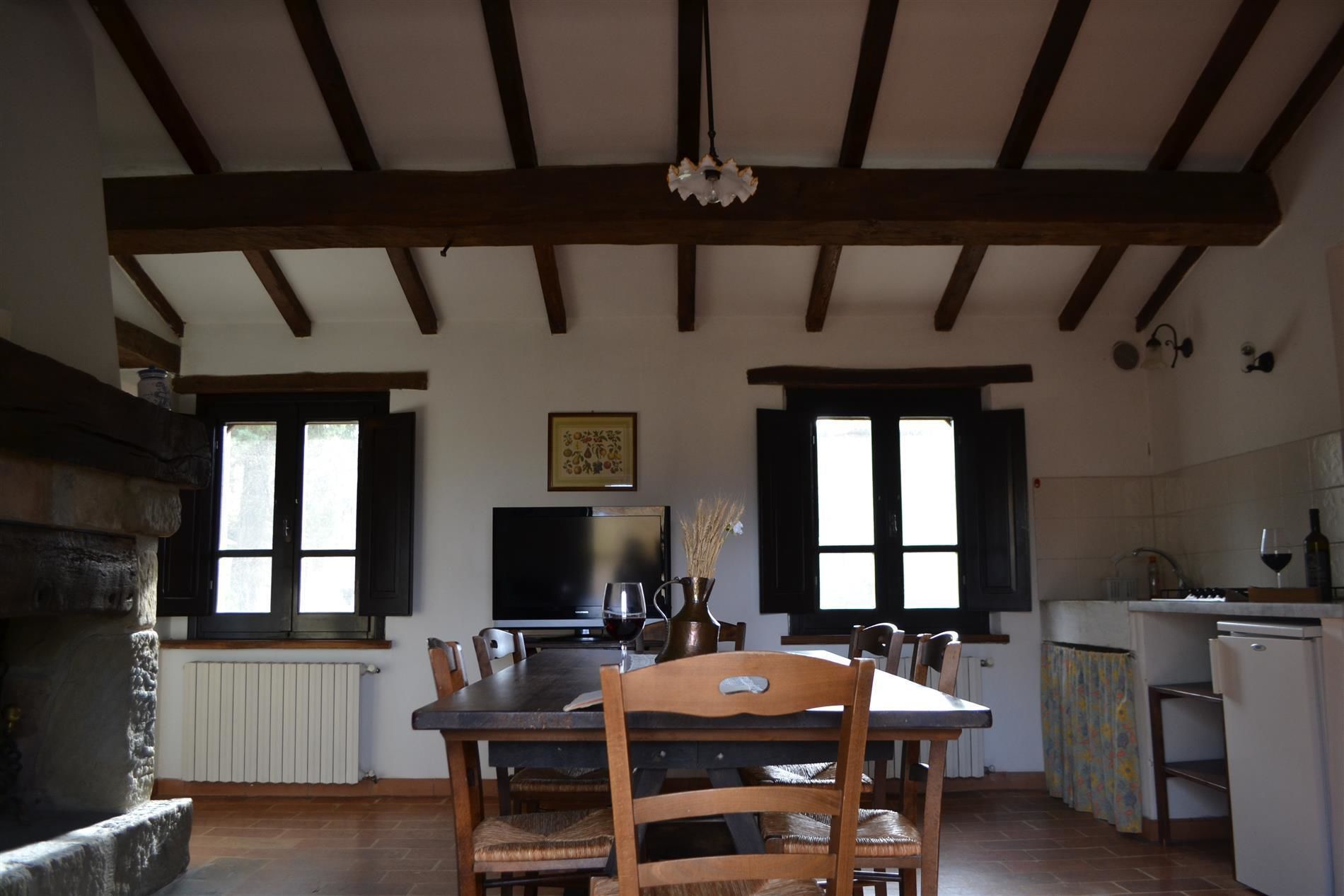 A dining area with a wooden table and chairs, a television, and a kitchen area with a refrigerator and sink.