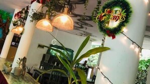 A decorated indoor space with hanging lights, a 'Merry Christmas' wreath, and potted plants. - Hungry Lion Sigiriya (Sigiriya)