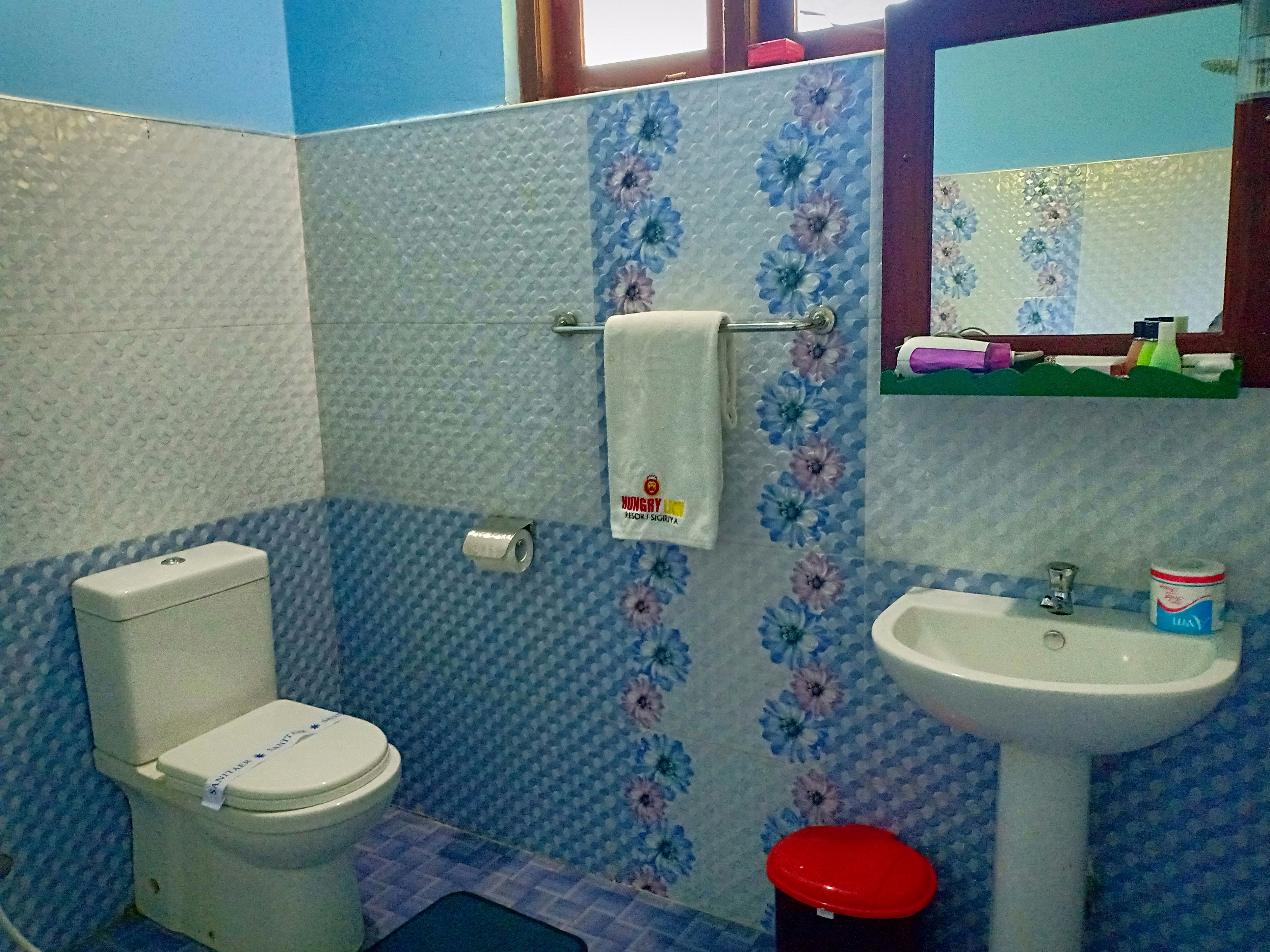 A bathroom with a toilet, sink, and a mirror.