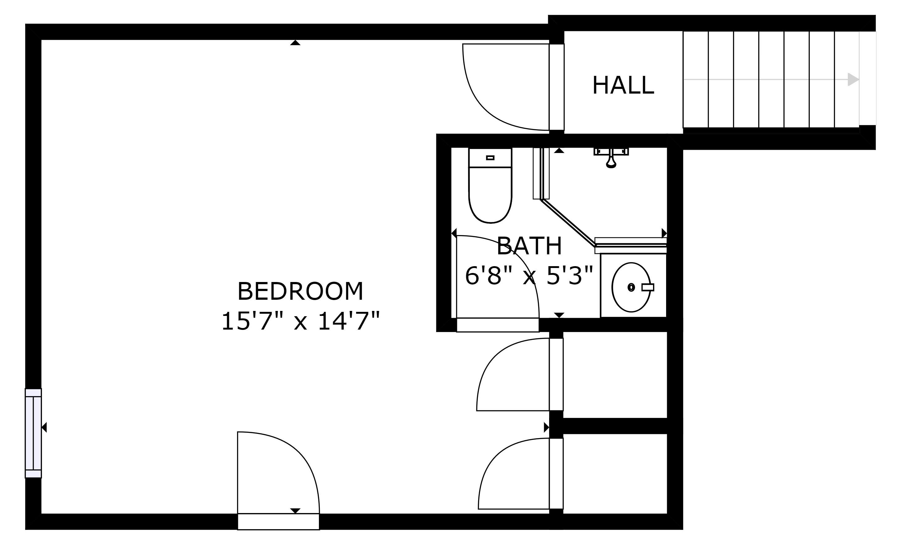 A floor plan of a hotel room with a bedroom measuring 15'7" x 14'7", a bathroom, and a hall.