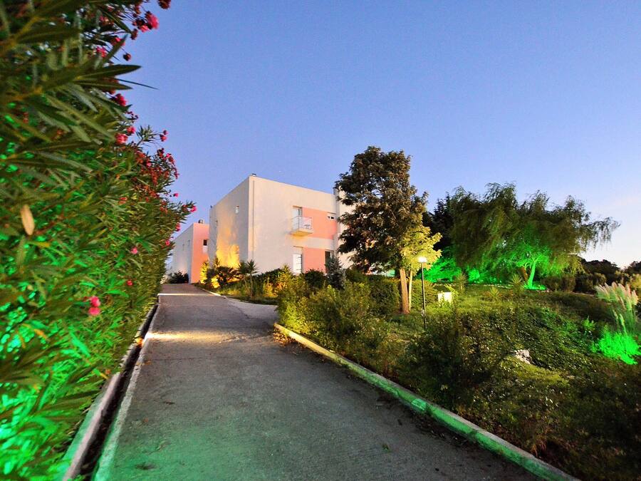 Un sendero que conduce a un edificio moderno con techo plano y diseño minimalista.