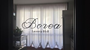 A room with a large window covered by sheer white curtains. The room has a wooden floor and a dark-colored cabinet with a plant on top. The text 'Borea Luxury B&B' is visible on the curtains. - Borea Luxury B&B (Pescara)
