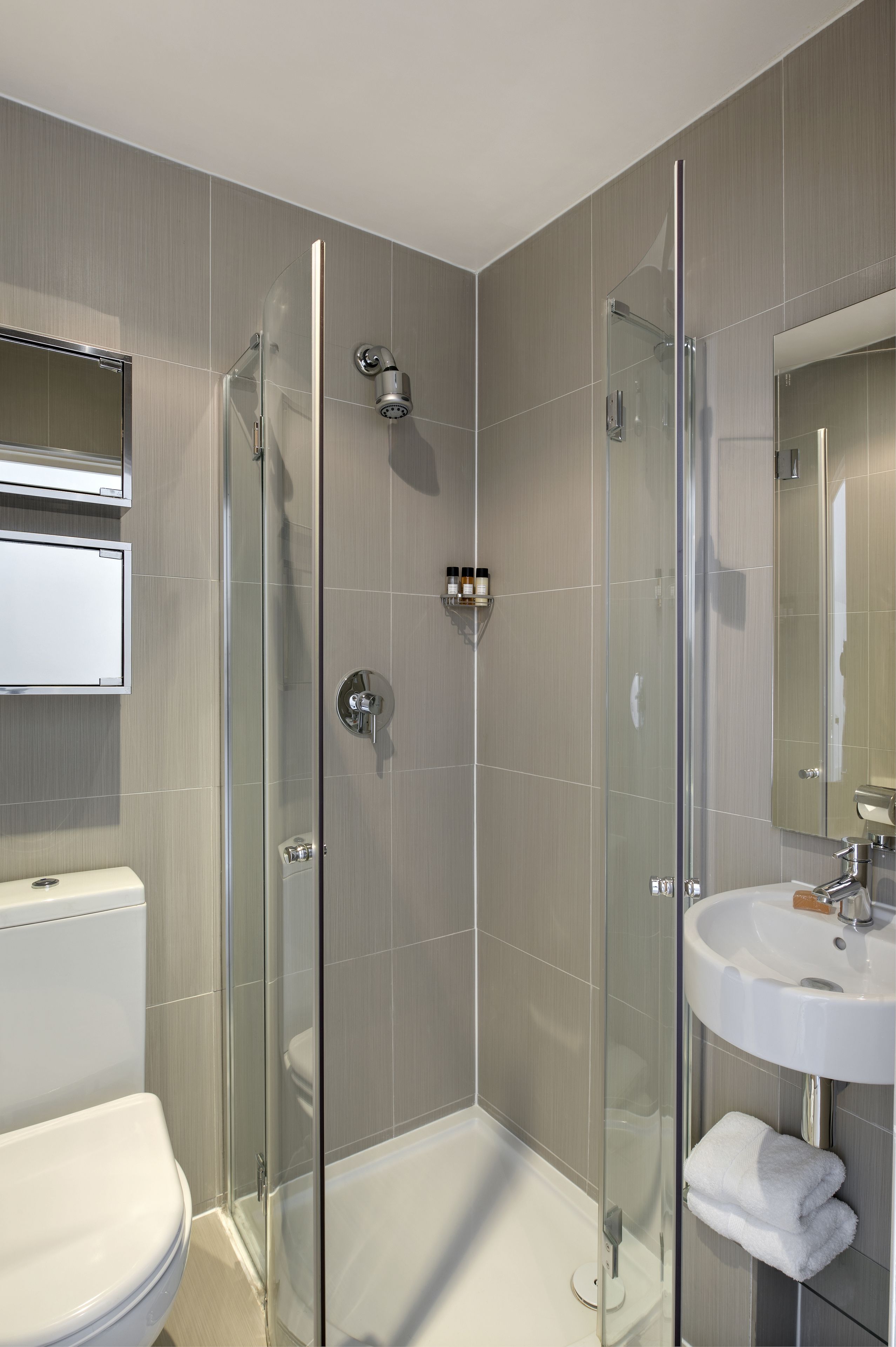 A modern bathroom with a glass-enclosed shower, a white sink, and a toilet.