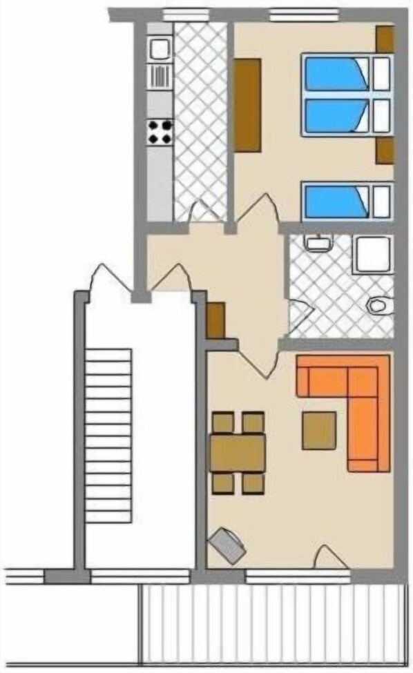 A floor plan with a kitchen, dining area, two bedrooms, and a bathroom. - Reiter- und Ferienhof Redder (Bad Driburg)