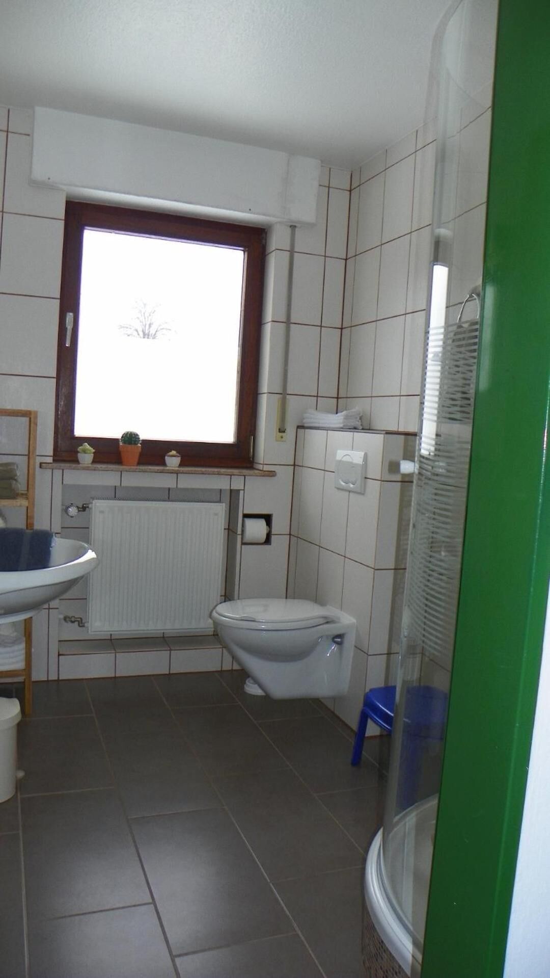 A small bathroom with a toilet, a sink, a window, and a radiator.