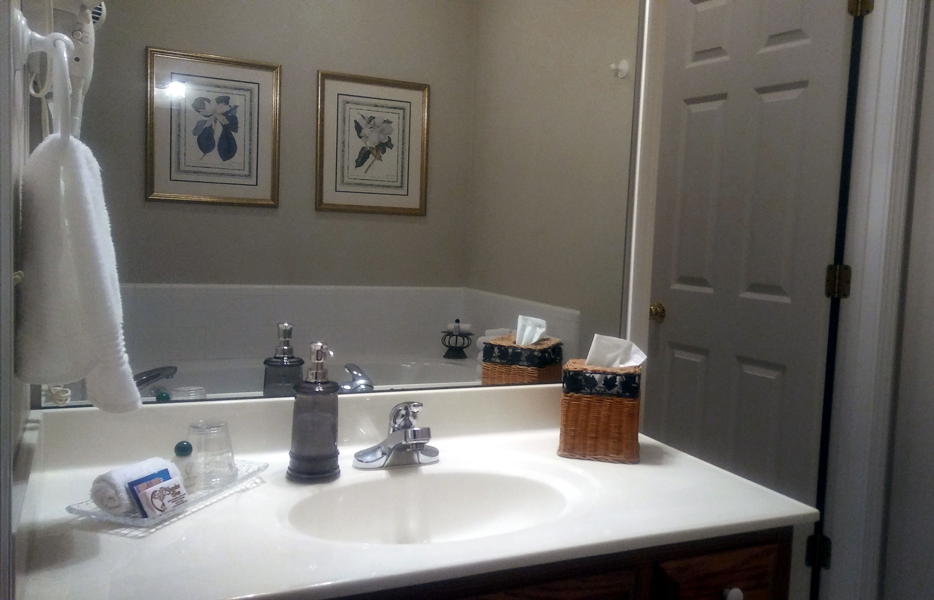 A bathroom with a white sink, a mirror, two framed pictures on the wall, and a door.