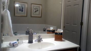 A bathroom with a white sink, a mirror, two framed pictures on the wall, and a door.