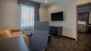 A hotel room with a sofa, a chair, a television, a bed, and a cityscape view.