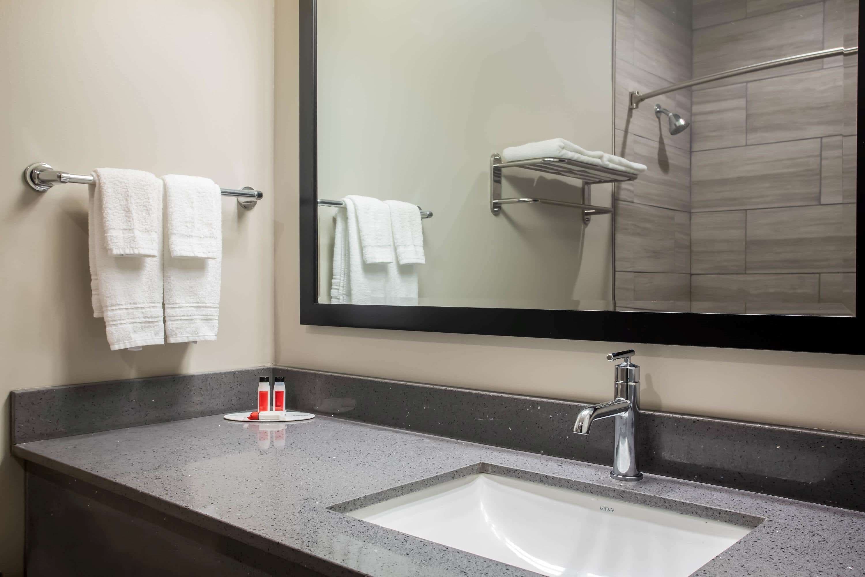 Combined shower/bathtub, free toiletries, hair dryer, towels