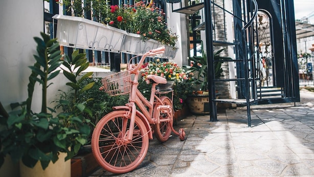 A pink bicycle parked in a garden area with potted plants and a metal gate. - Villa Homestay Minh Hieu (Lam Vien - Da Lat)