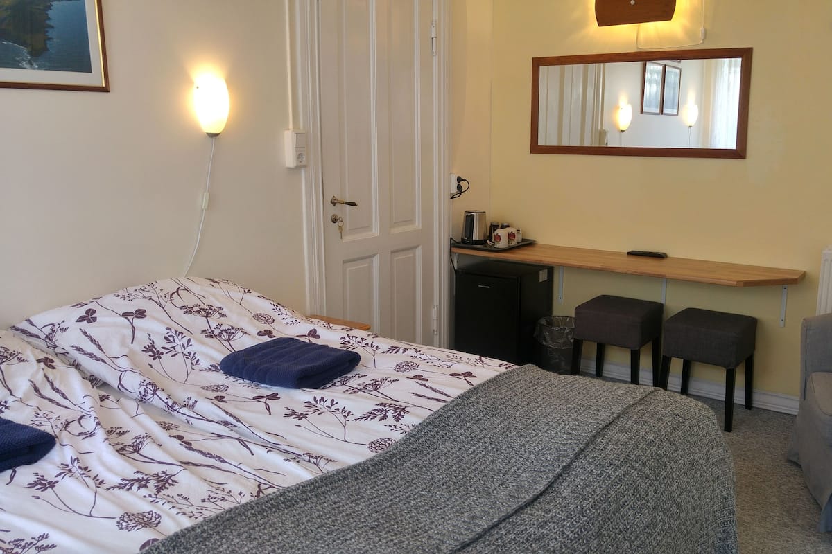 A bedroom with a bed, a desk, two chairs, a radiator, and a mirror.