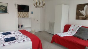 A bedroom with two beds, a TV, a bookshelf, a radiator, and a door. - Guesthouse Sólgarðar (Akureyri)