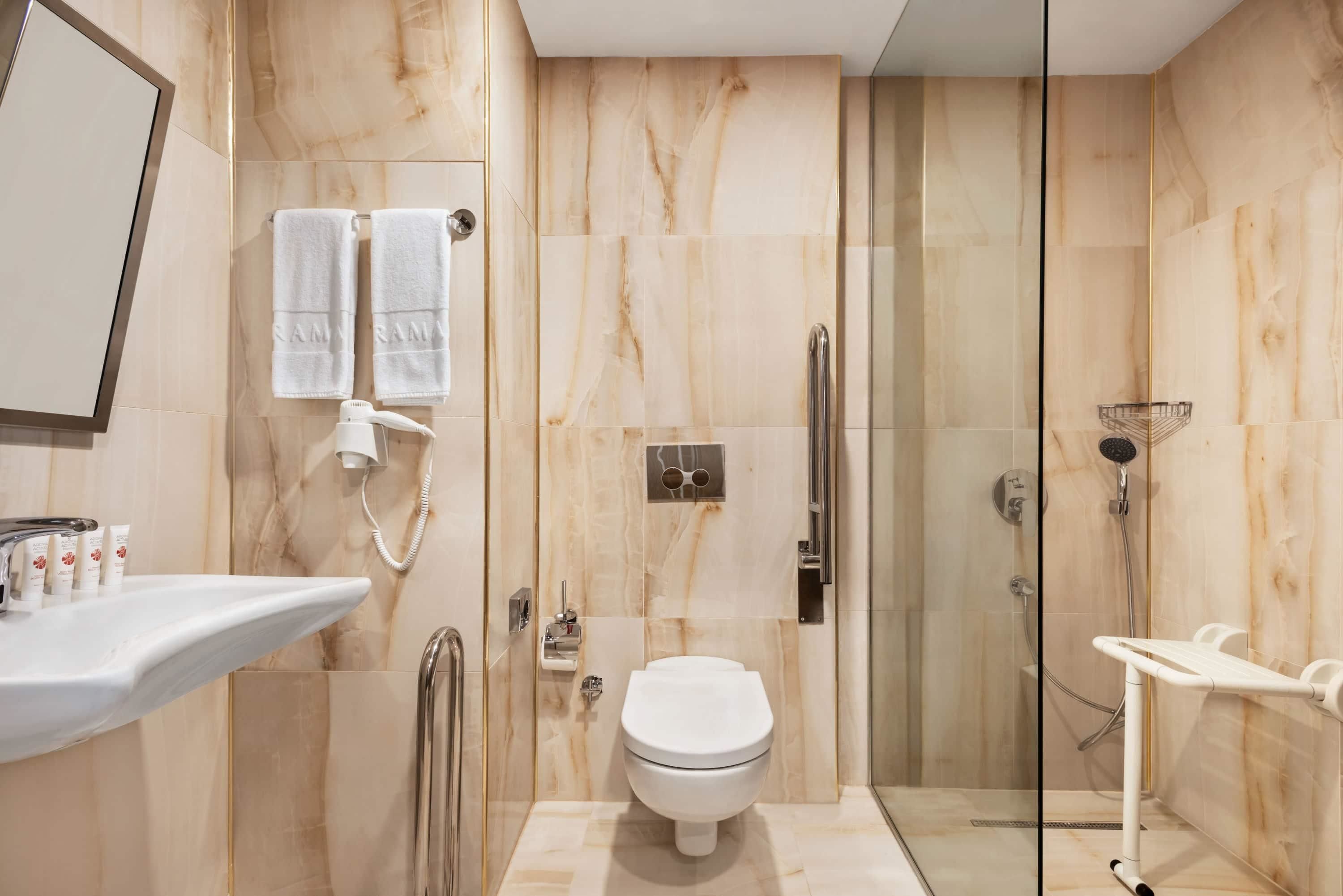 shower, free toiletries, hair dryer, slippers