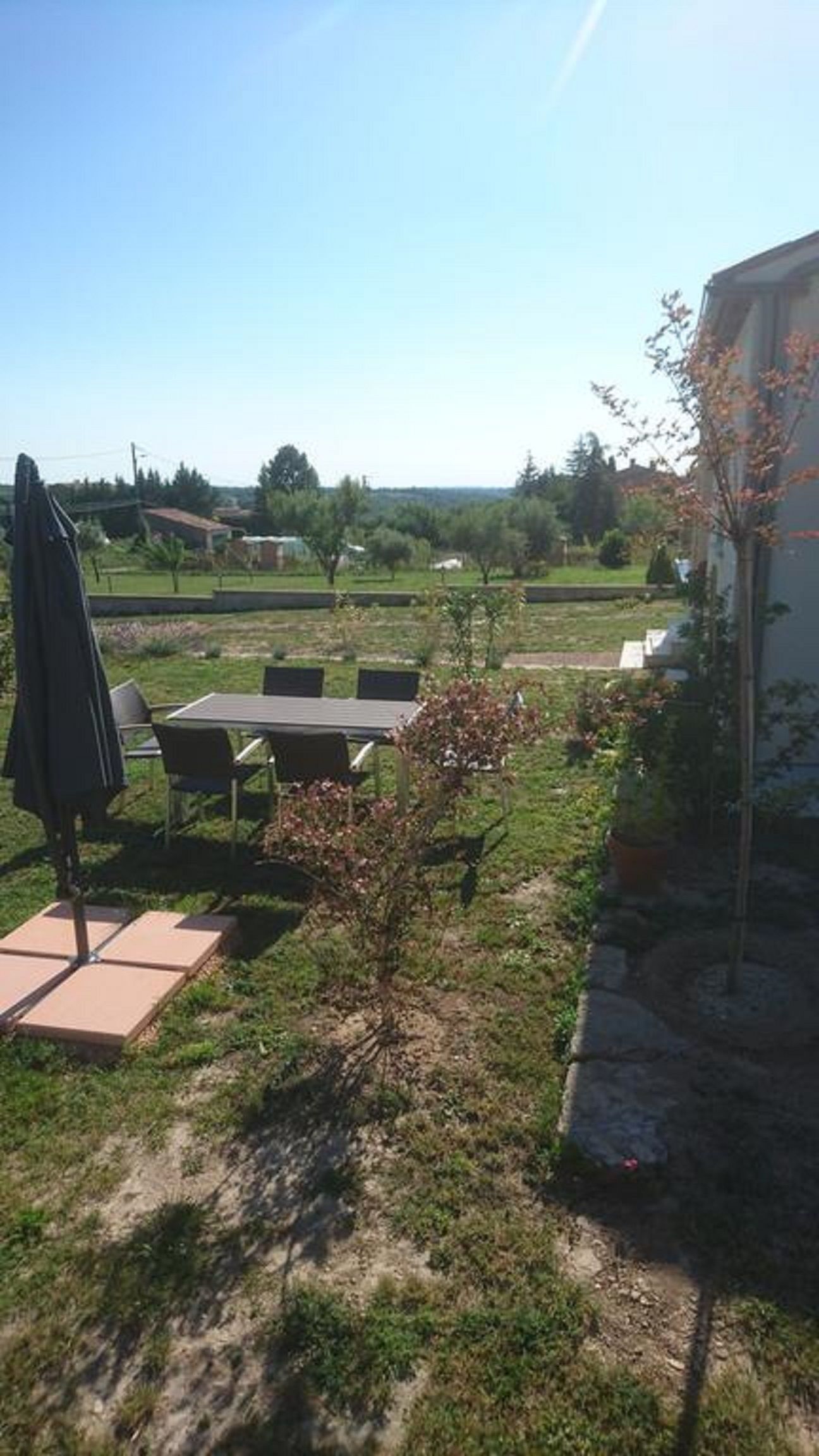 Eine Terrasse im Freien mit Tisch und Stühlen, umgeben von Grünpflanzen und blauem Himmel.