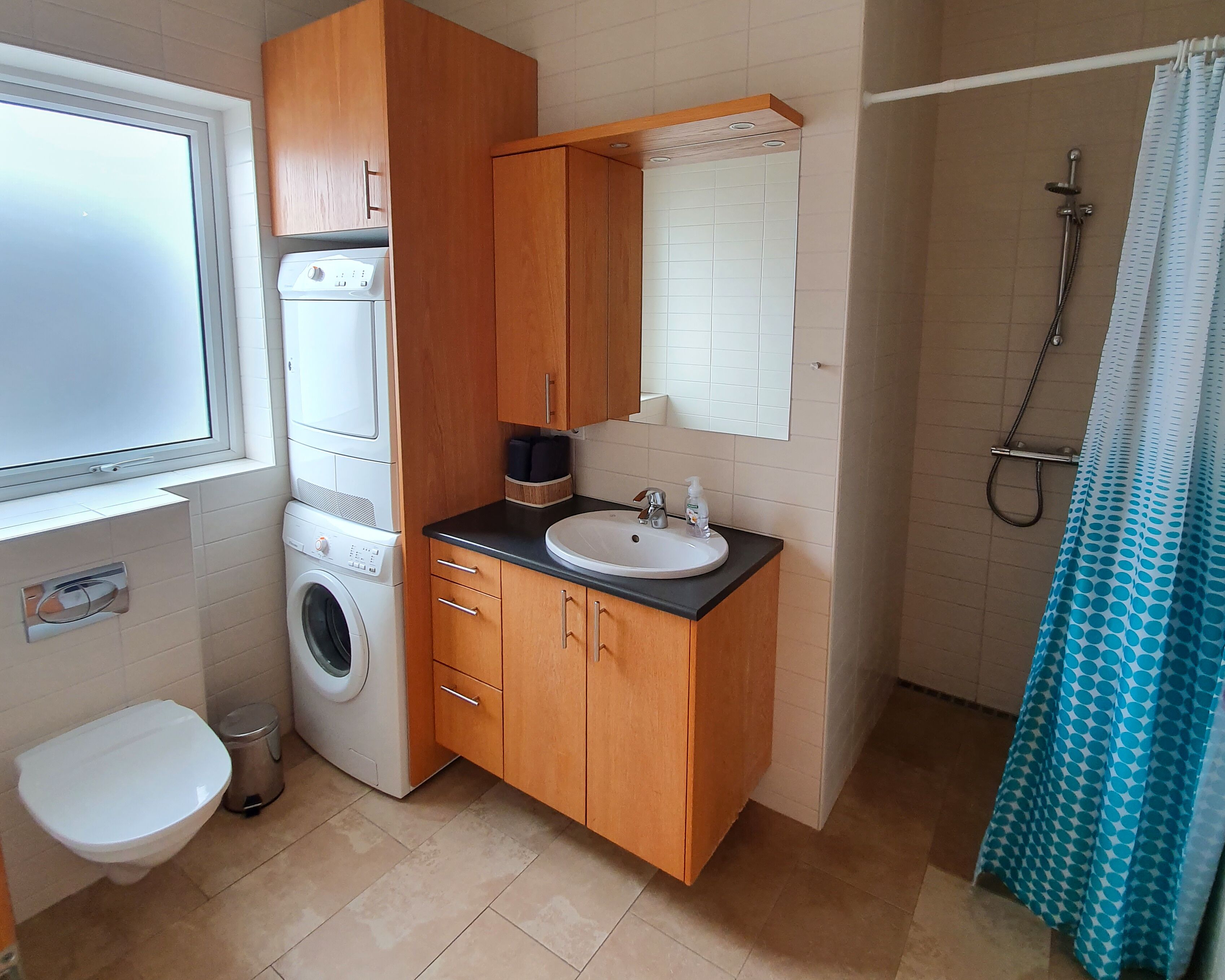 A compact bathroom with a washing machine, a sink, and a shower.