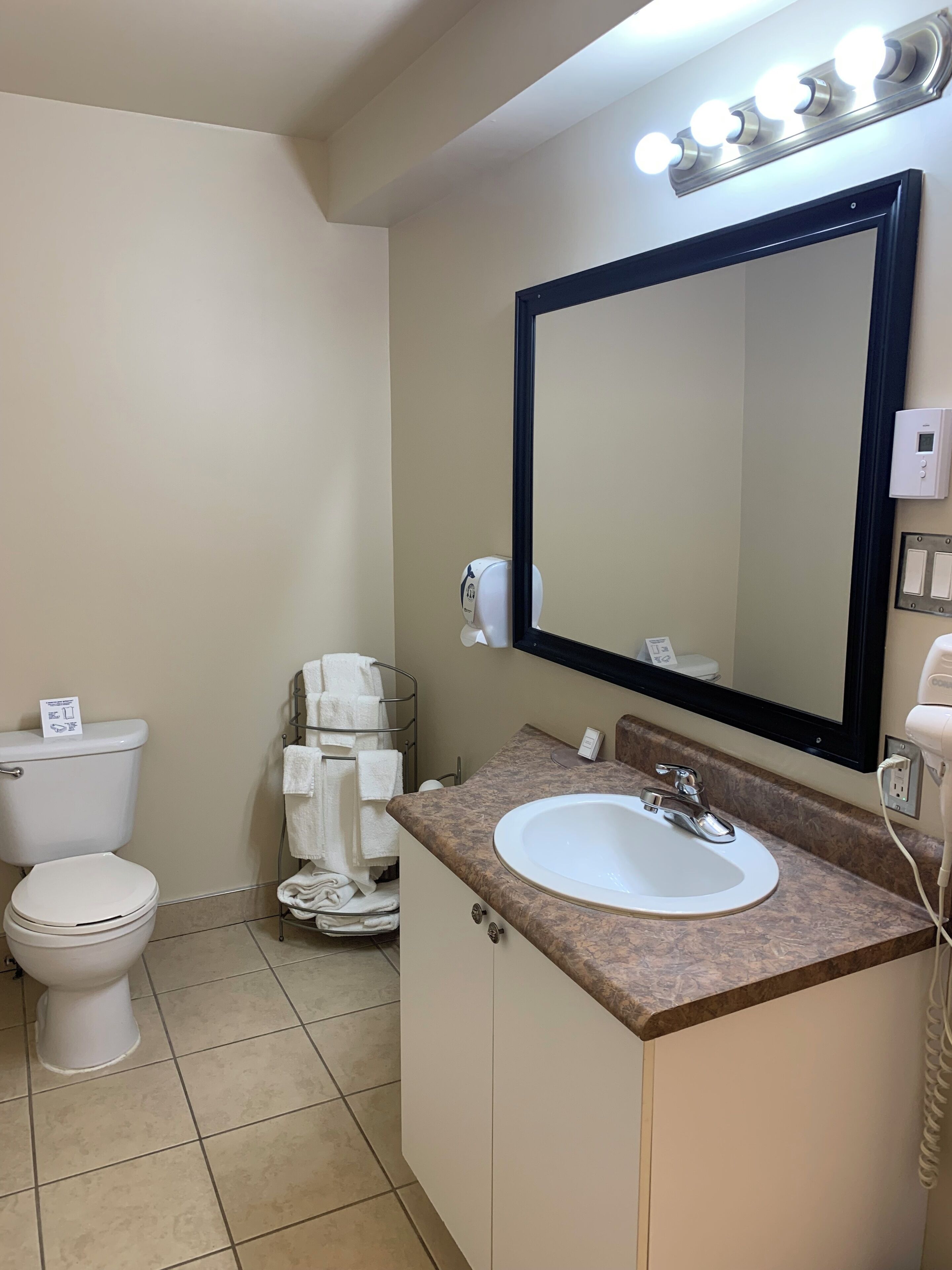 A bathroom with a toilet, sink, mirror, towel rack, and a light fixture.