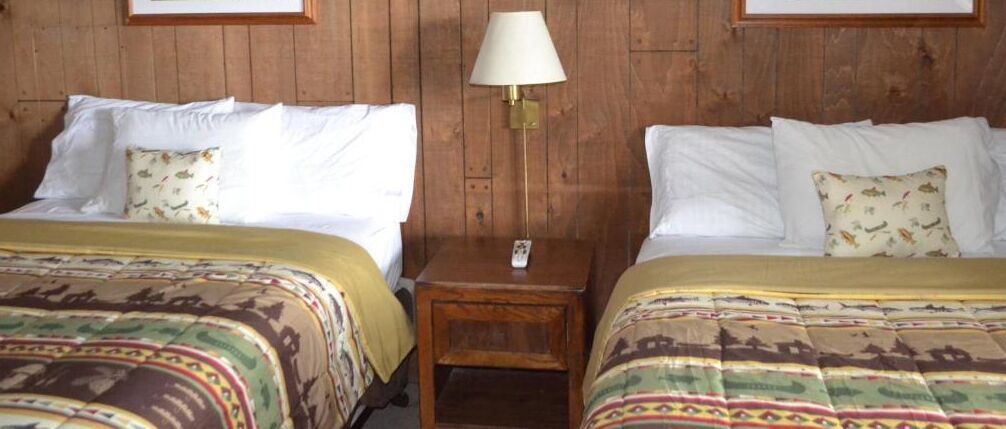 Een hotelkamer met twee bedden, elk voorzien van beddengoed met een patroon en kussens, een houten hoofdbord, een nachtkastje met een lamp en een telefoon aan de muur.