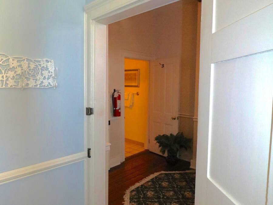 Un pasillo con un rug adornado, una puerta blanca y un cuadro en la pared.
